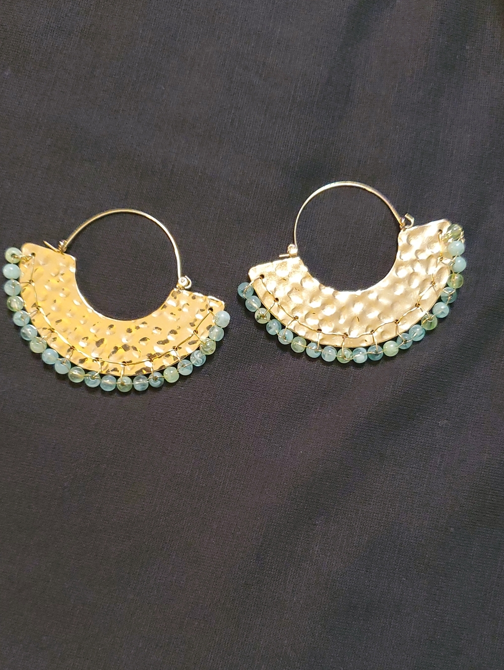 Gold Hammertone Hoop Earrings with Aqua Bead Fringe